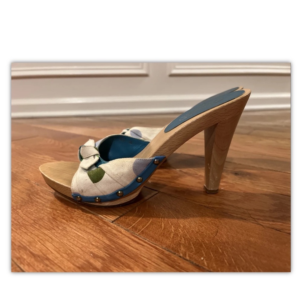 Coach Laverne Shoe Heel Wood Green And Blue Polka Dot Size